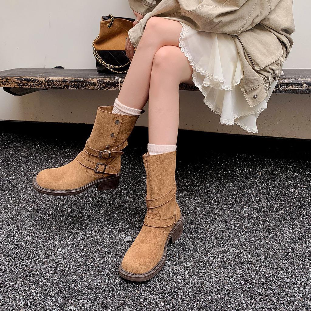 Sheepskin version~ Thick-soled retro stacking boots Autumn heightening Maillard short boots Versatile thick heel belt buckle Martin boots