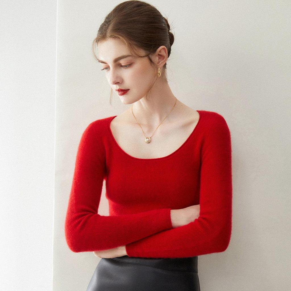 Women's Slim-Fit U-Neck 100% Cashmere Sweater - Low Round Neck Knit Base Layer