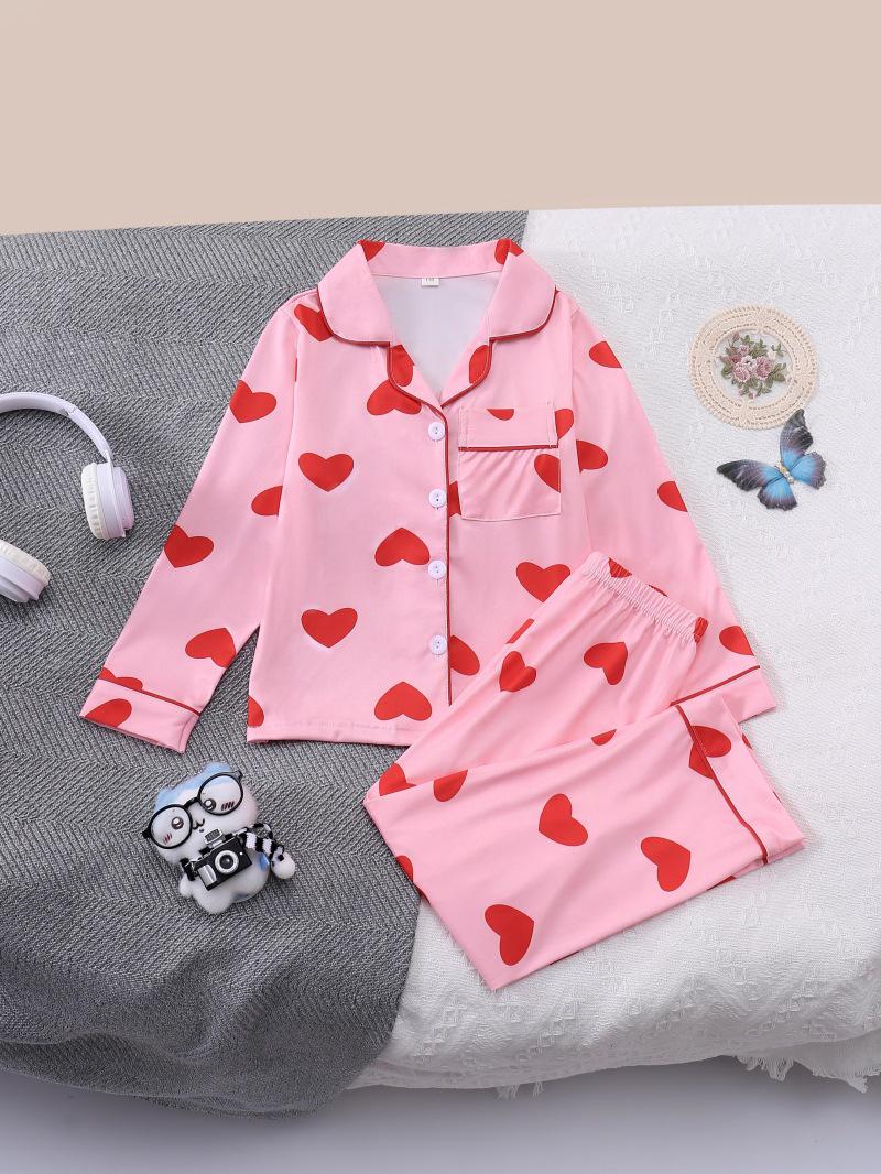 European and American Girls Heart-Shaped Long Sleeve Pajama Set 120 cm