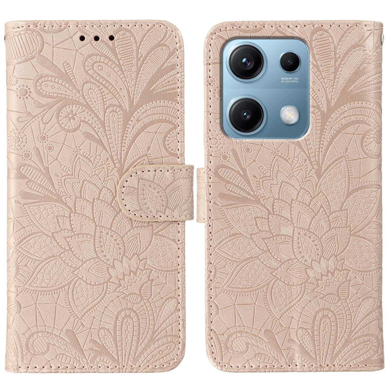 

For Xiaomi Redmi Note 14S 4G Case Lace Flowers PU Leather Flip Wallet Phone Cover Rose Gold