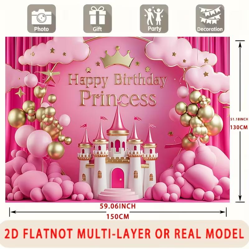 Sfondo Principessa Castello 2D Rosa e Oro per Festa di Compleanno Bambine Piccole