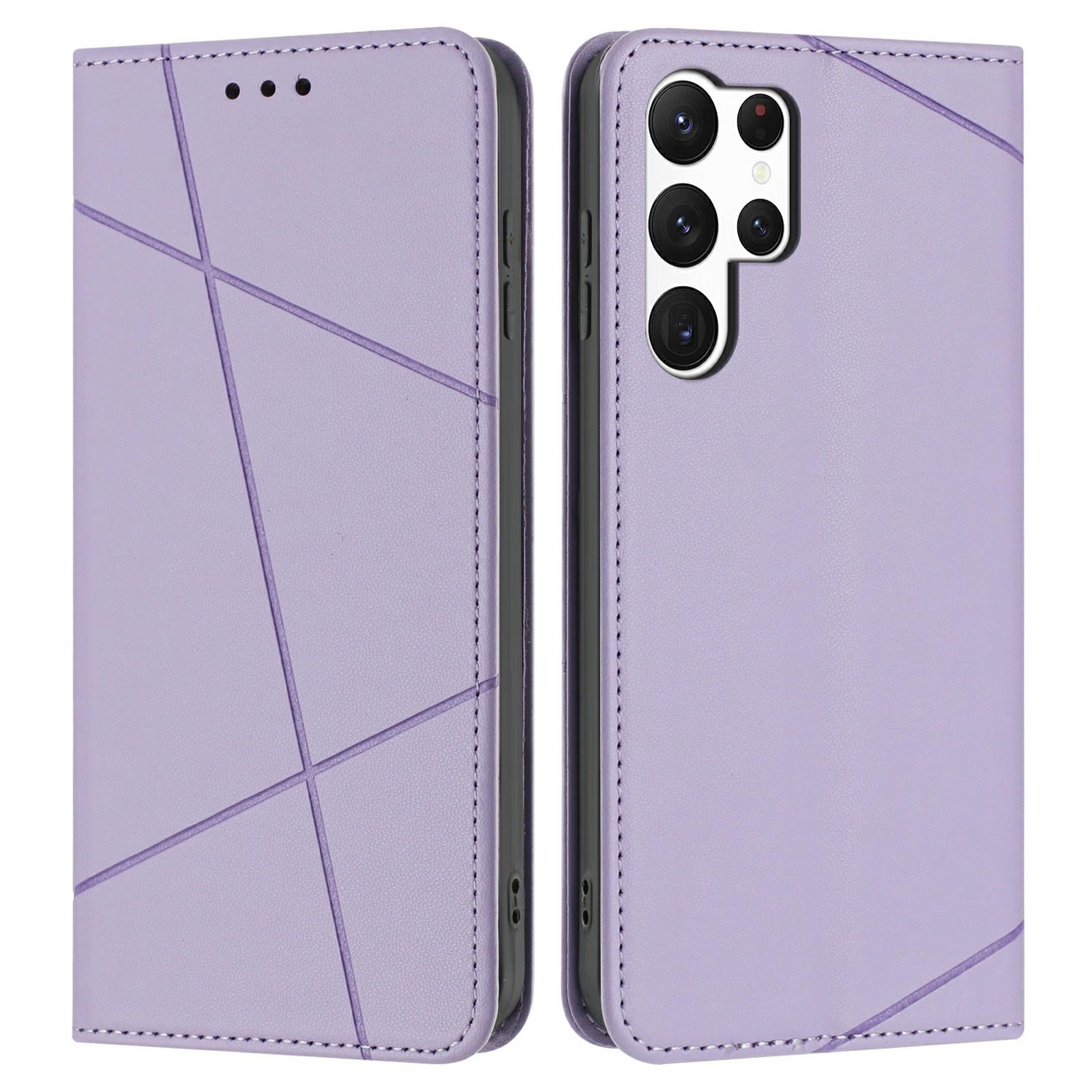 

For Samsung Galaxy S25 Ultra Wallet Case Line Imprinted Leather Stand Phone Cover with Wrist Strap Purple