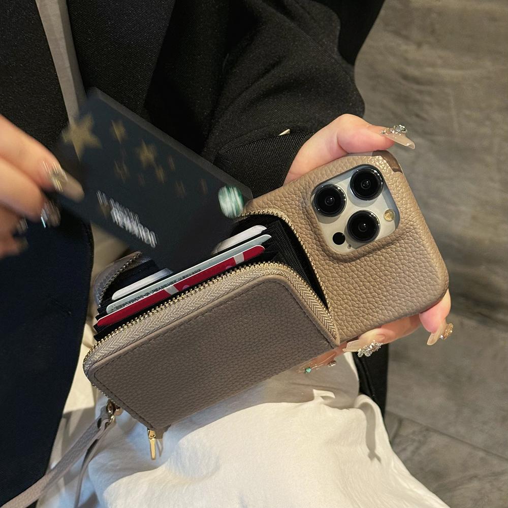 For iPhone 16 Pro Max Case Zipper Card Slots PU Leather Phone Back Cover with Wrist Strap