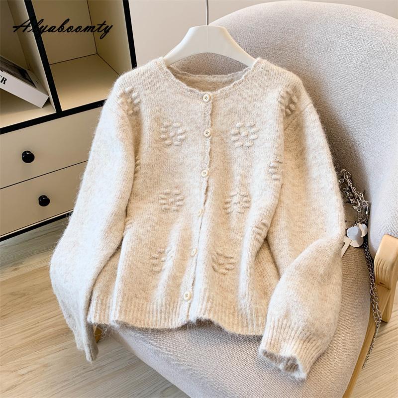 Korean Fashion Autumn Winter Women Sweater O Neck Yellow Pink Green Floral Knitting Cardigan Knitted Sweet Basic Ladies' Outerwear