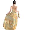 French Dopamine Yellow Beautiful Seaside Fairy Fluttering Holiday Pendulum Suspender Dress Printed Photo Dress