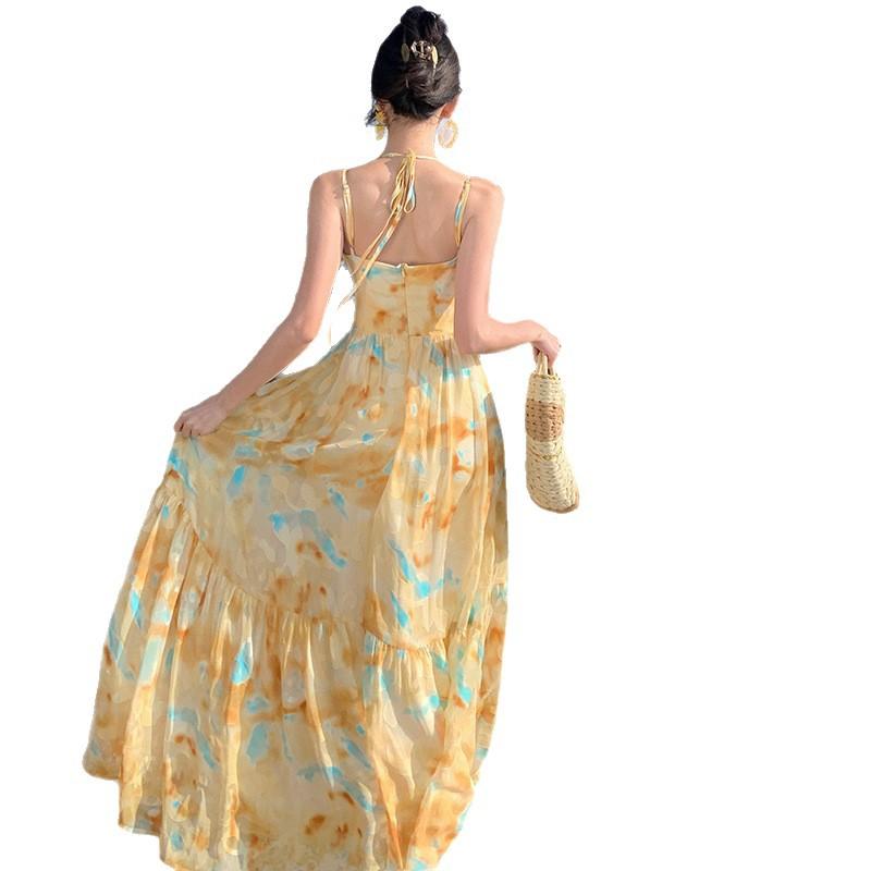 French Dopamine Yellow Beautiful Seaside Fairy Fluttering Holiday Pendulum Suspender Dress Printed Photo Dress