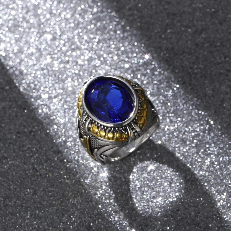 European Punk Vintage Gothic Two Colors Blue Crystal Finger Men's Ring Engraving Anchor Geometric Pattern for Male Party Jewelry