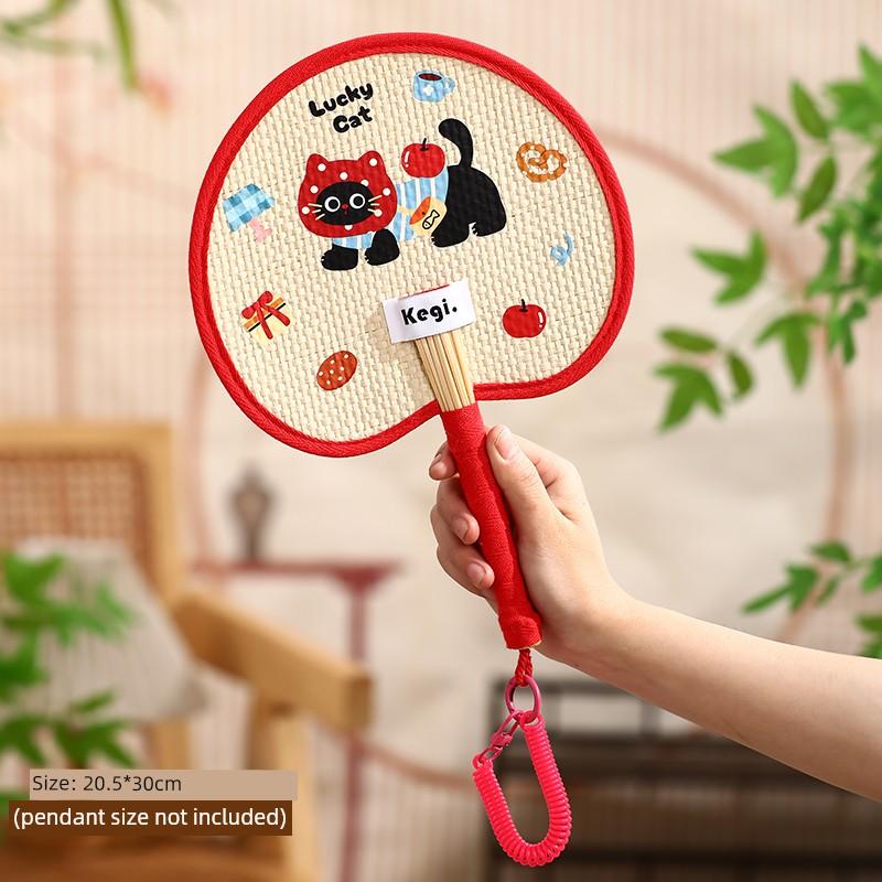 Summer Portable Handmade Woven Straw Fan with Embroidery, Household Mosquito-Repelling Banana Leaf Fan for Children, Durable