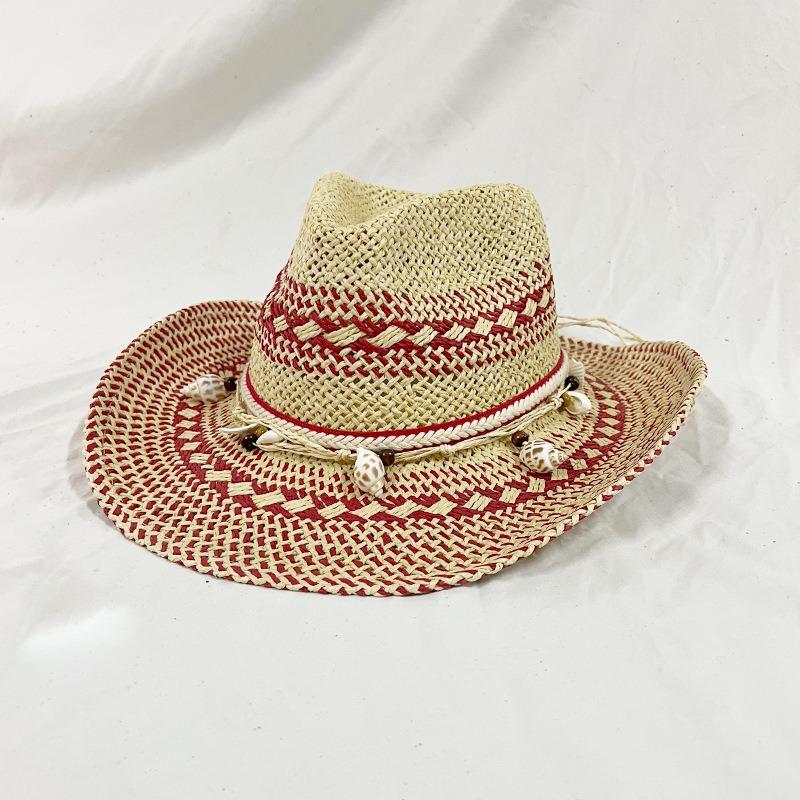 Ethnic Style Western Cowboy Hats Red Beige Color Woven Rolled-Brim Straw Sun Hat Women Outdoor Sun Protection Fashion Beach Hat