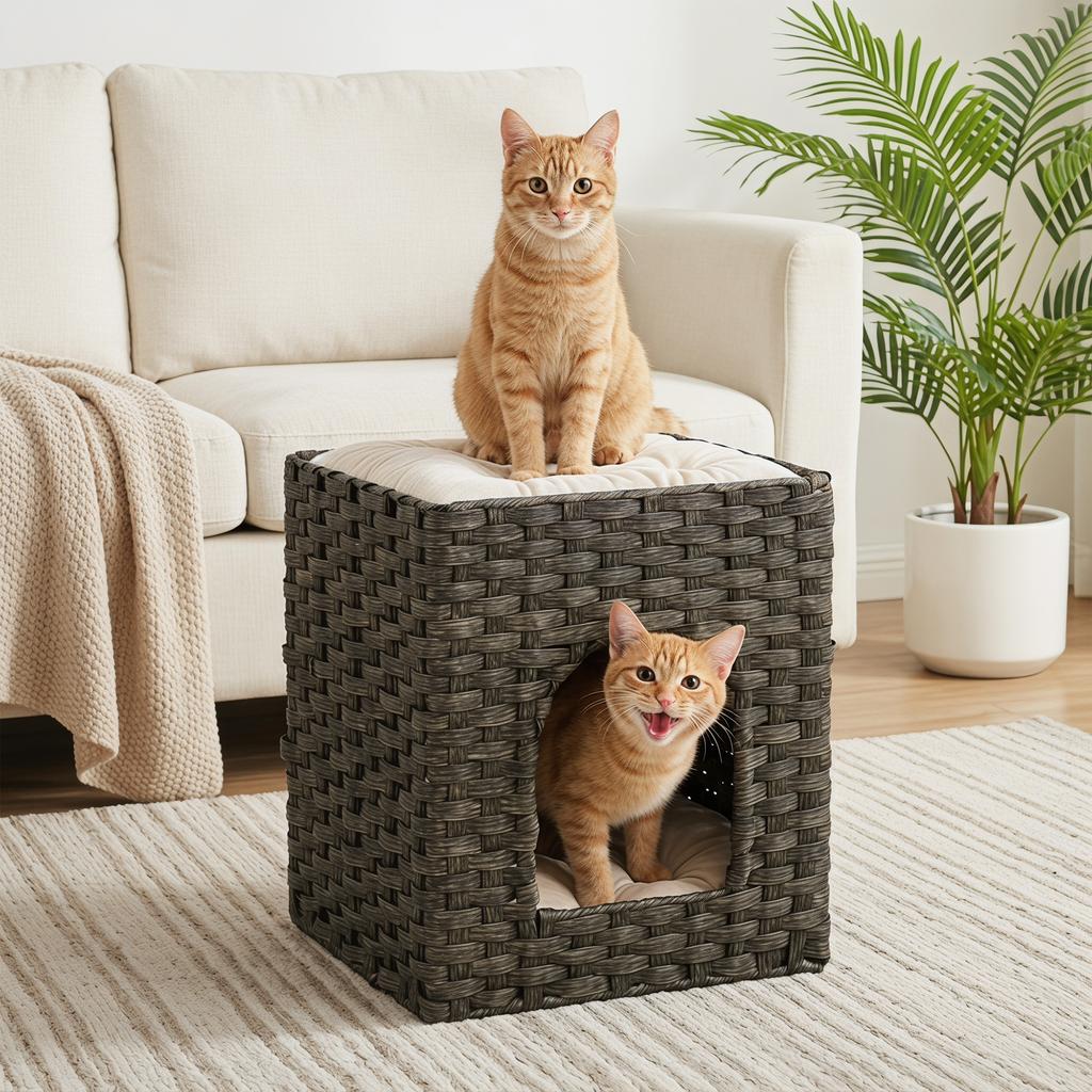 2-Tier Wicker Cat House, Handwoven Rattan Cat Bed with Washable Cushions, Indoor Kitten Condo Hideaway