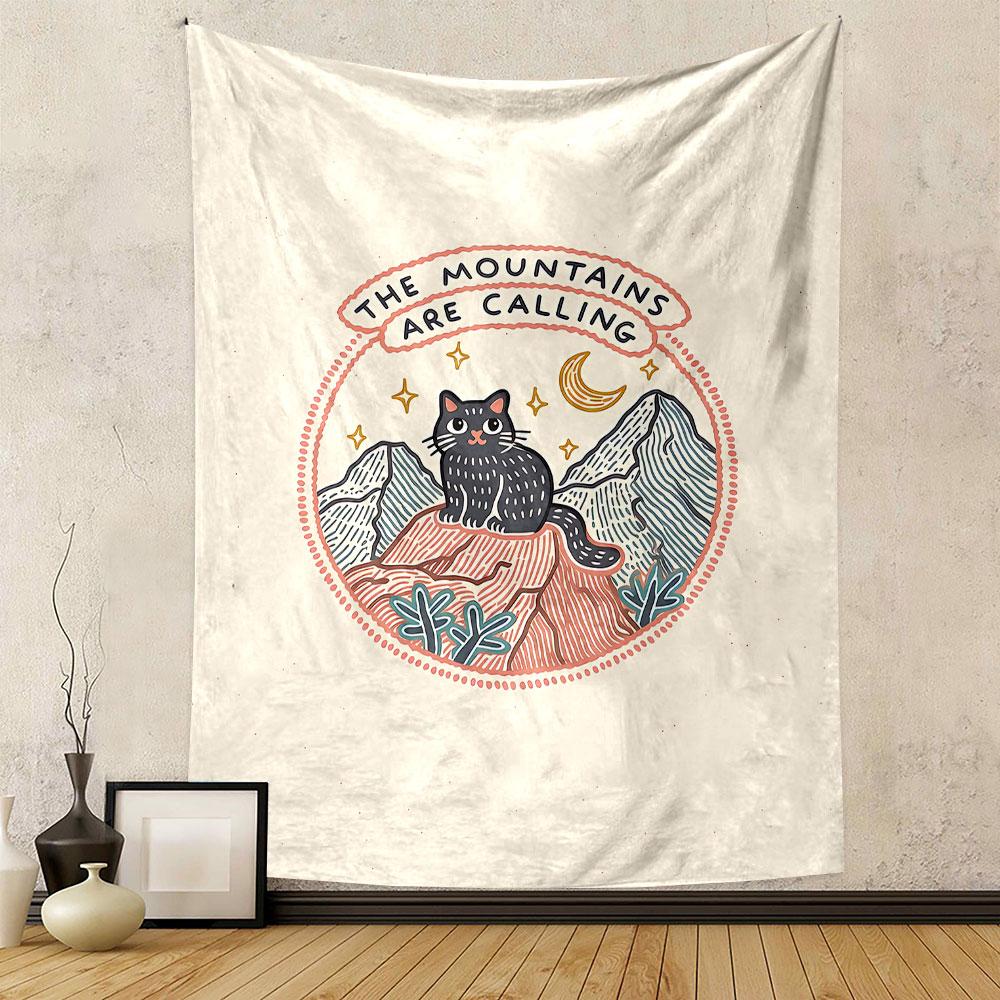 Mountains Are Calling Tapestry Wall Hanging, Cat Mountain Badge, Wall Decor for Bedroom Living Room Dorm