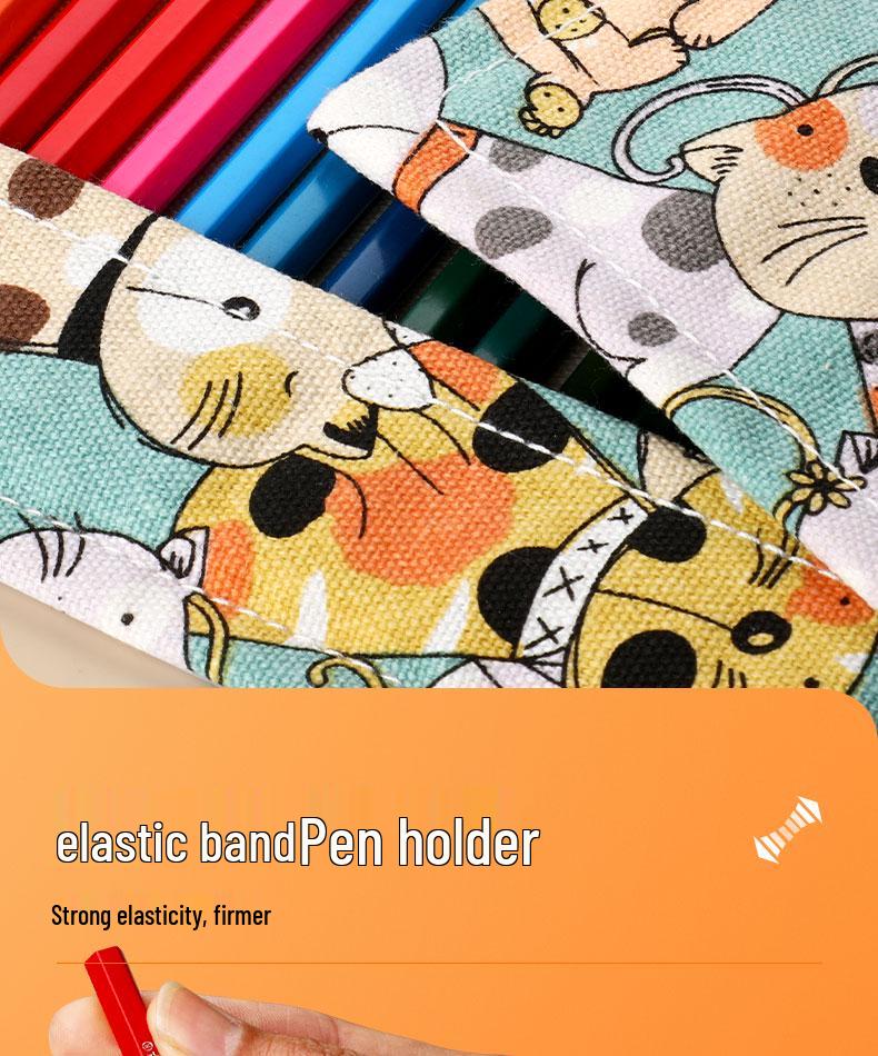 Large Capacity Canvas Roll-Up Pencil Case - 48 Holes for Colored & Sketch Pencils, Cute Design for Women & Students