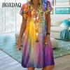 Bunt gefärbte Kleider mit Blumenprint und Farbverlauf für den Sommer, Damen, Kurzarm, Locker, Lässig, V-Ausschnitt, Damen Übergröße Kleidung