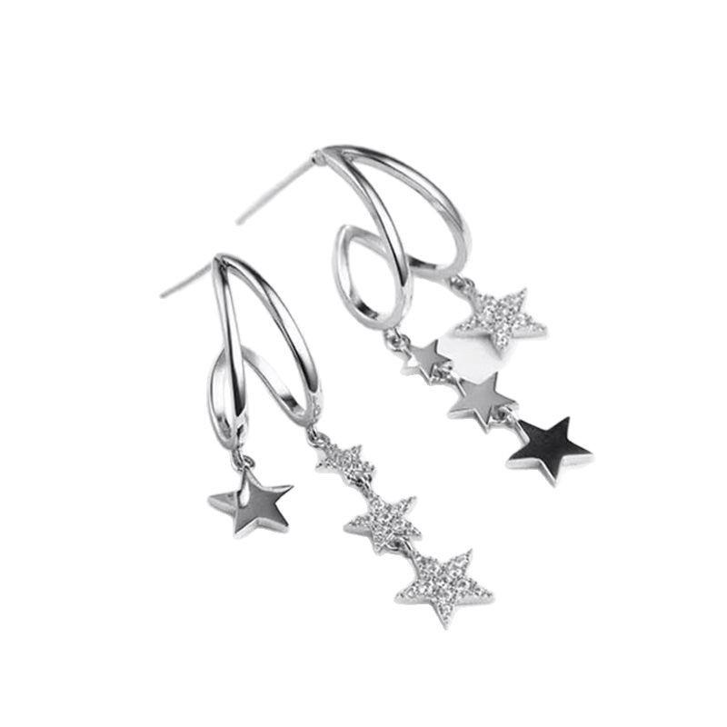 Asymmetric Star Fringed Earrings, Asymmetrical C-ring Earrings, Luxurious Minimalist Zircon Pentagram Earrings