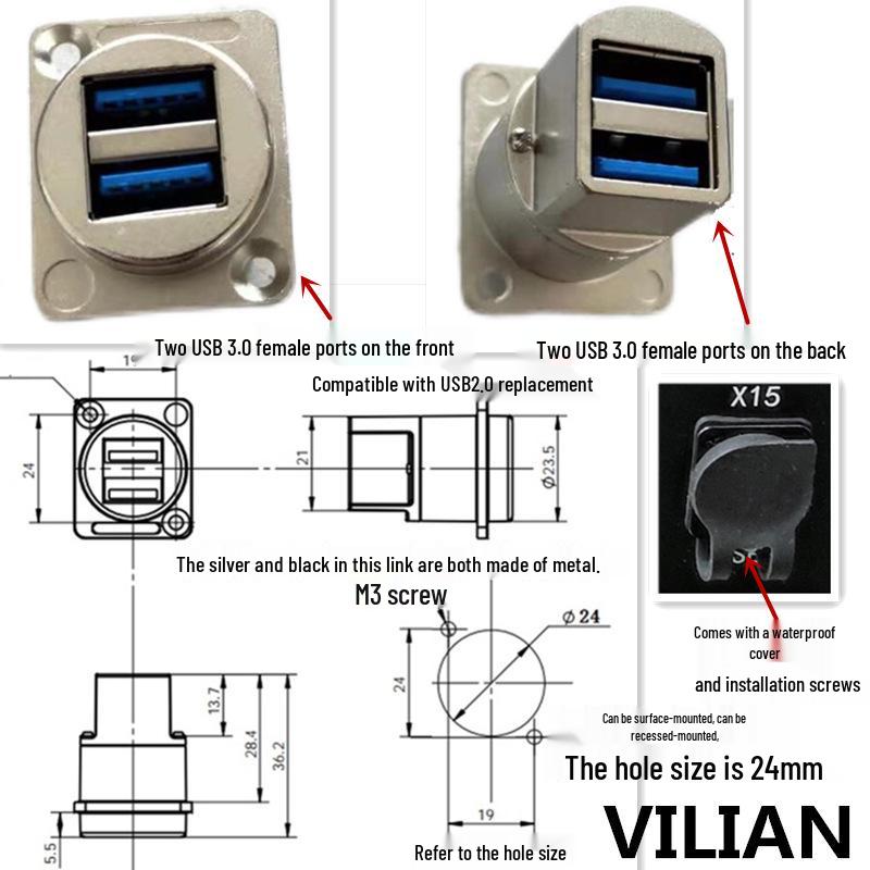 USB Type D Panel Mount Waterproof Female Socket (USB 2.0/3.0) for Digital Data Transfer
