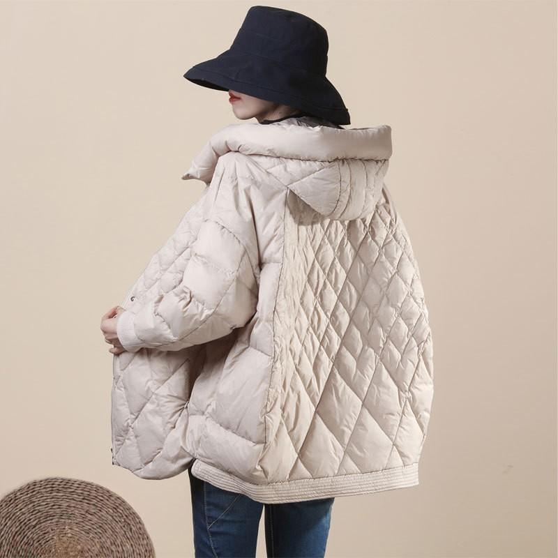 Dámský Oversized Zimní Kabát s Kapucí a Kachním Peřím Středně Silný Teplá Zimní Bunda Volný Střih Ležérní Chic Styl