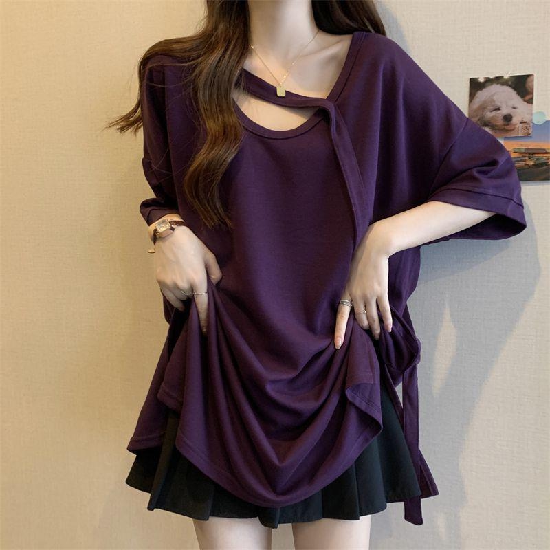 Women's Plus Size Medium-Length Short-Sleeve T-Shirt, Loose Slimming Fit with Drop Shoulder Sleeves - Summer Base Layer Top