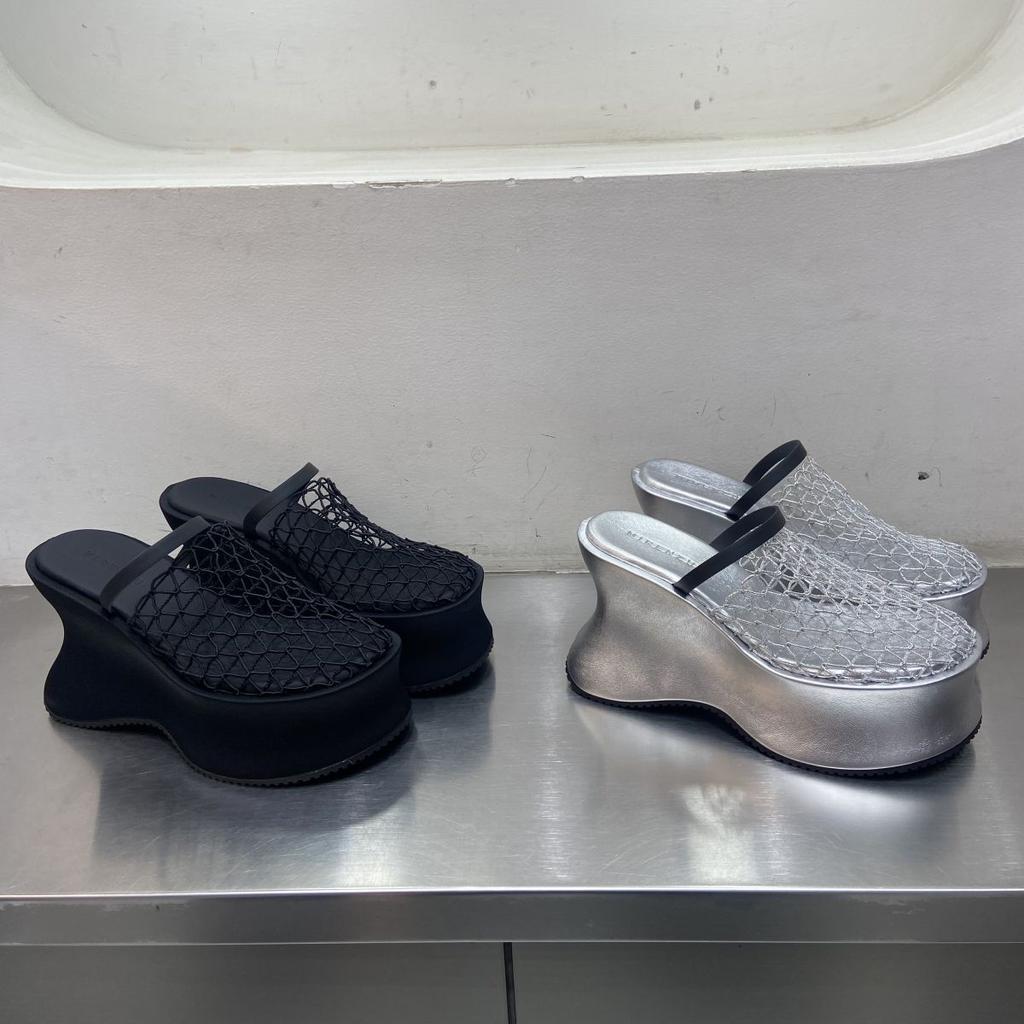 2025 summer new summer design hollow breathable half drag thick bottom heightening muffin slope heel cool slippers women's wear