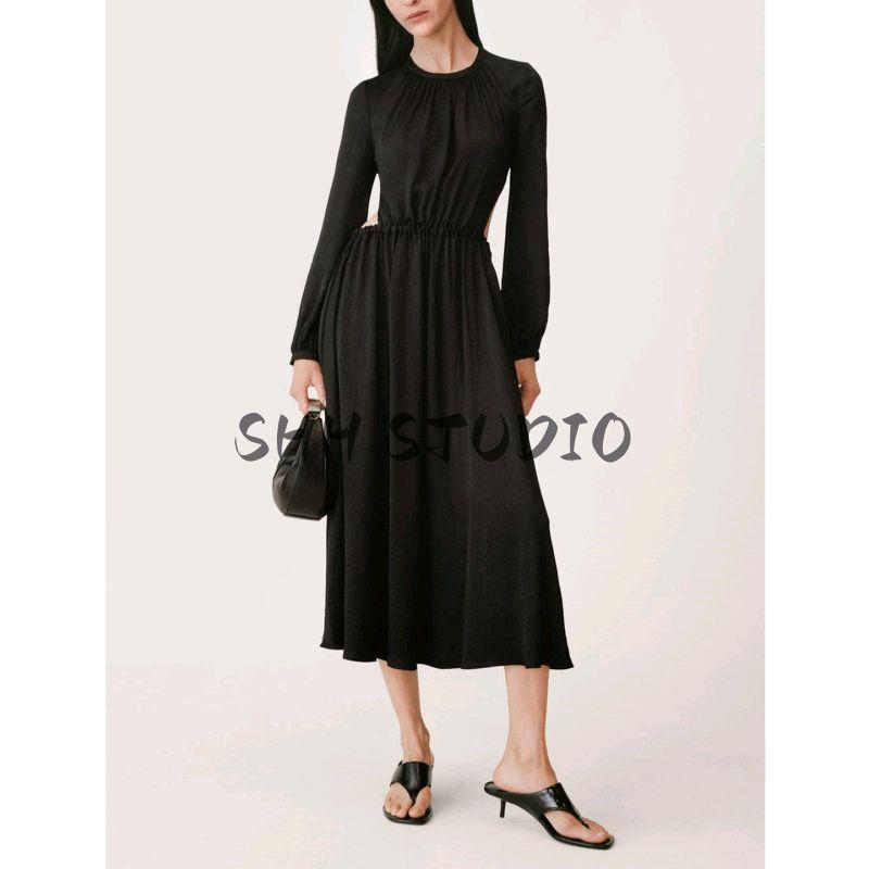 Summer Women's Clothing Vacation Style round Neck Puffy Long Sleeves Sexy Open Back Design Midi Skirt Dress 3309502