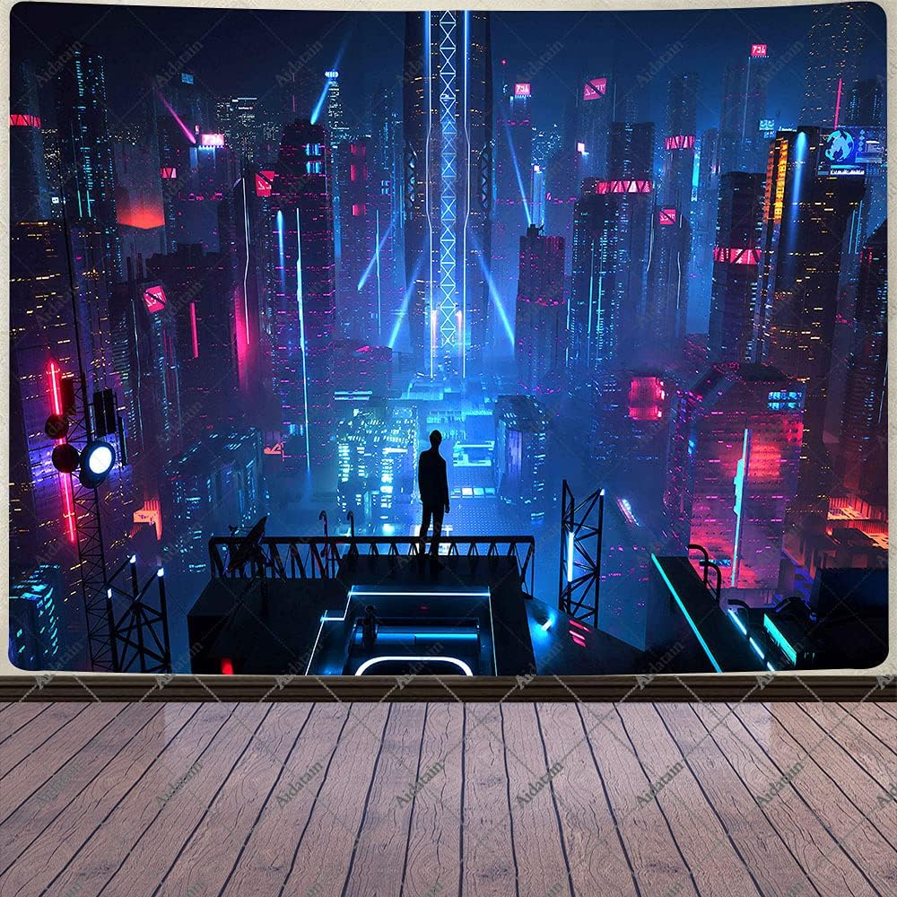 Cyberpunk Neon Cityscape Tapestry Wall Hanging Abstract Futuristic Night Skyline Digital Art Polyester Room Decoration for Livin