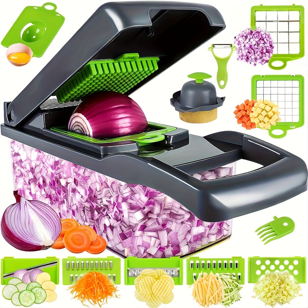 16-in-1 Vegetable Onion Chopper & Food Cutter   Semi-Automatic Chopping for Onions  Carrots  Potatoes  Garlic  Peppers  Kitchen Gadget