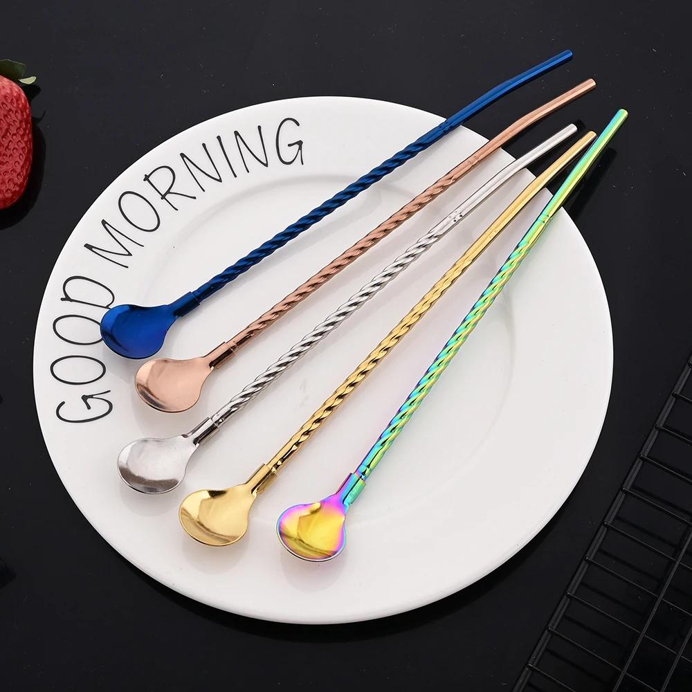 10Pcs/Set Straw Spoon Portable Black Tea Scoop Reusable Colored Stainless Steel Straws Colorful Dinnerware Set For Bar Party