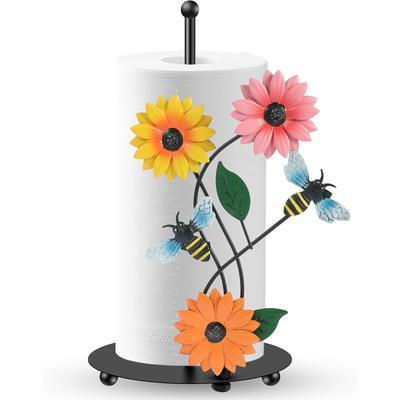 Kitchen Roll Holder Sunflower Paper Towel Holder Free Standing Black Iron Kitchen Towel Stand Non Slip Countertop Organizer Vintage Farmhouse