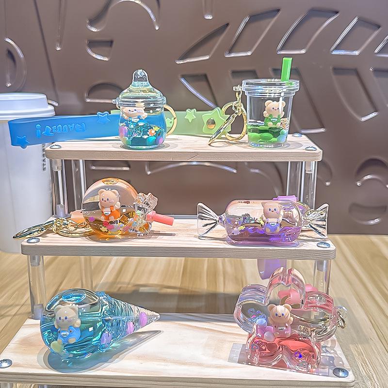 Kristall Treibsand Anhänger Latzhose Kleiner Bär Ölgefüllter Schwimmender Schlüsselanhänger Treibende Flasche Anhänger für Mädchen