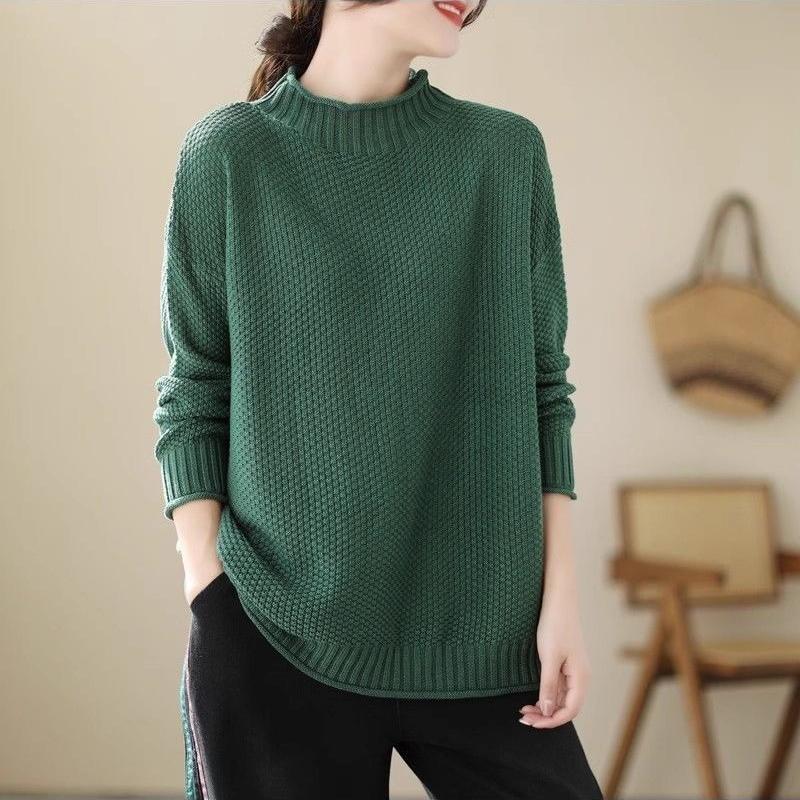 Women's Loose Stand Collar Sweater Autumn Winter Vintage Soft Skin-Friendly Solid Color Sweater