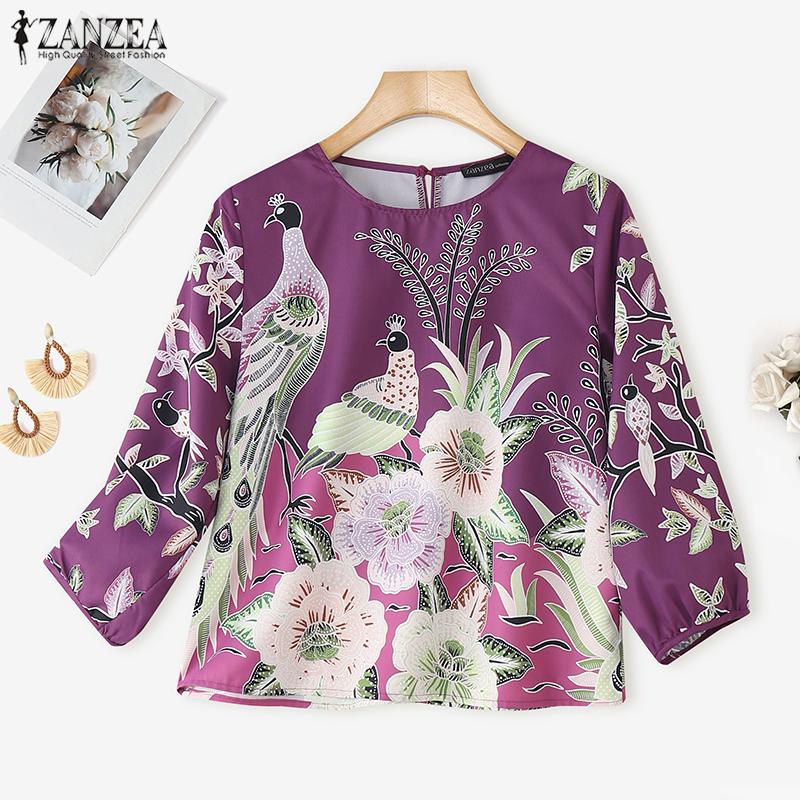 ZANZEA Women Casual Round Neck 3/4 Sleeve Loose Print Blouse