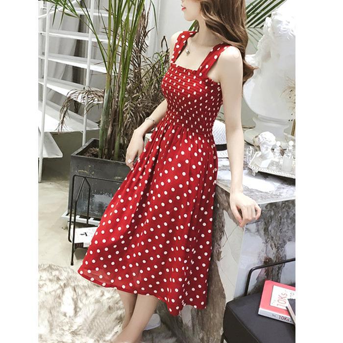 Sundress women's mid-length polka dot one-shoulder red inner dress summer fairy slimming suspender base skirt