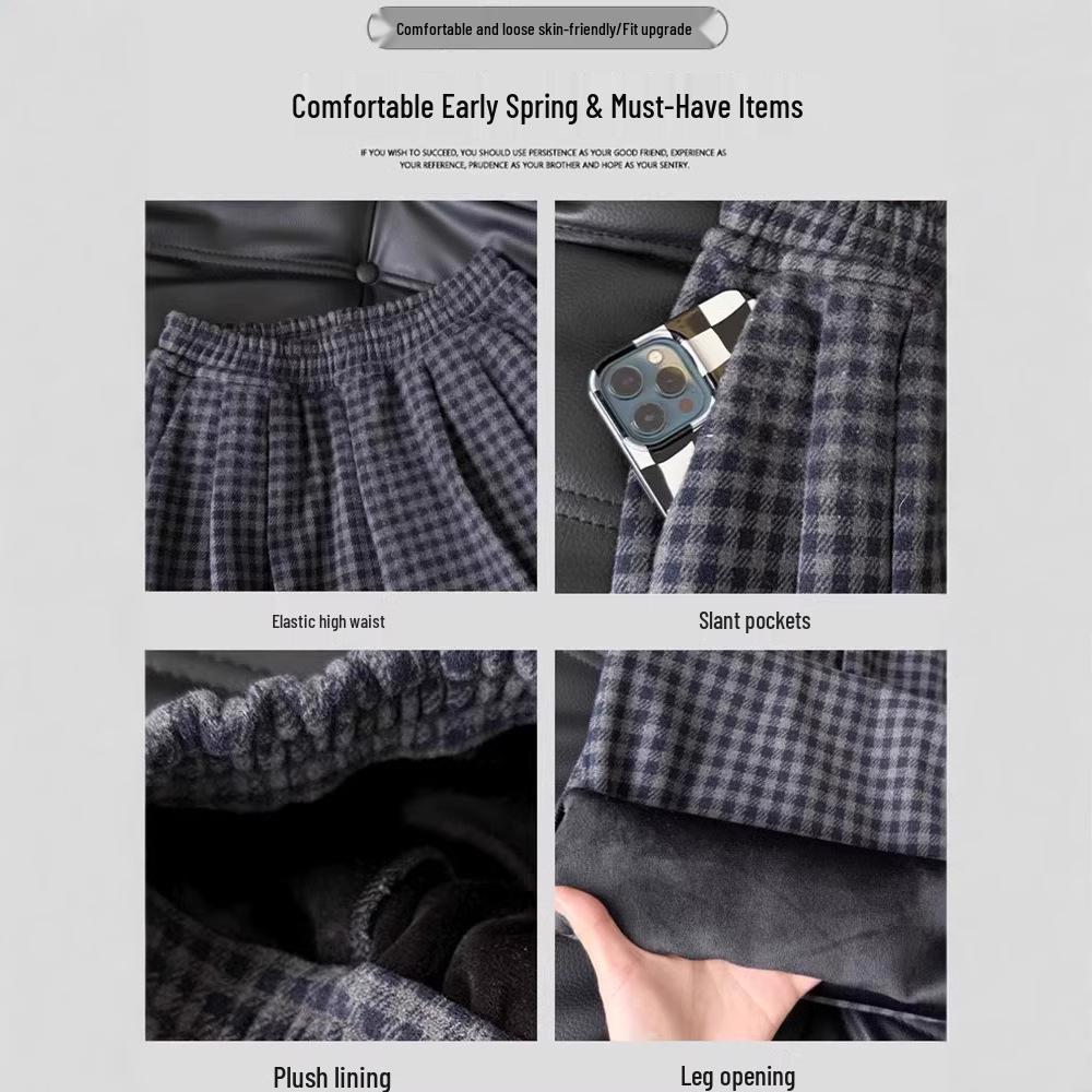 Women's Retro Plaid Wool Fleece-Lined Wide-Leg Pants - Casual Loose Fit for Autumn and Winter