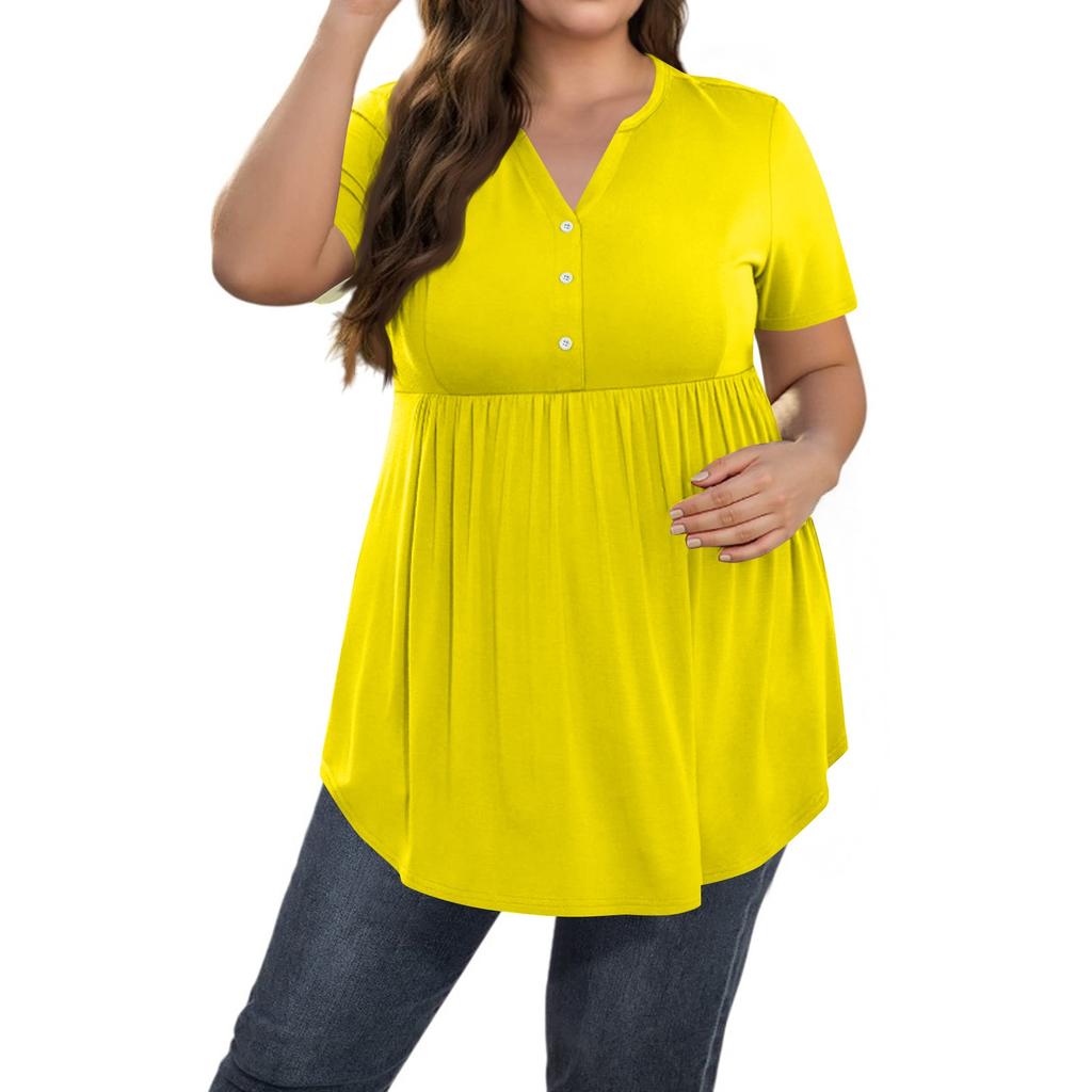 Women's Solid Color Large Size  V Neck Button-Up Top Casual Short Sleeve Flowy Top