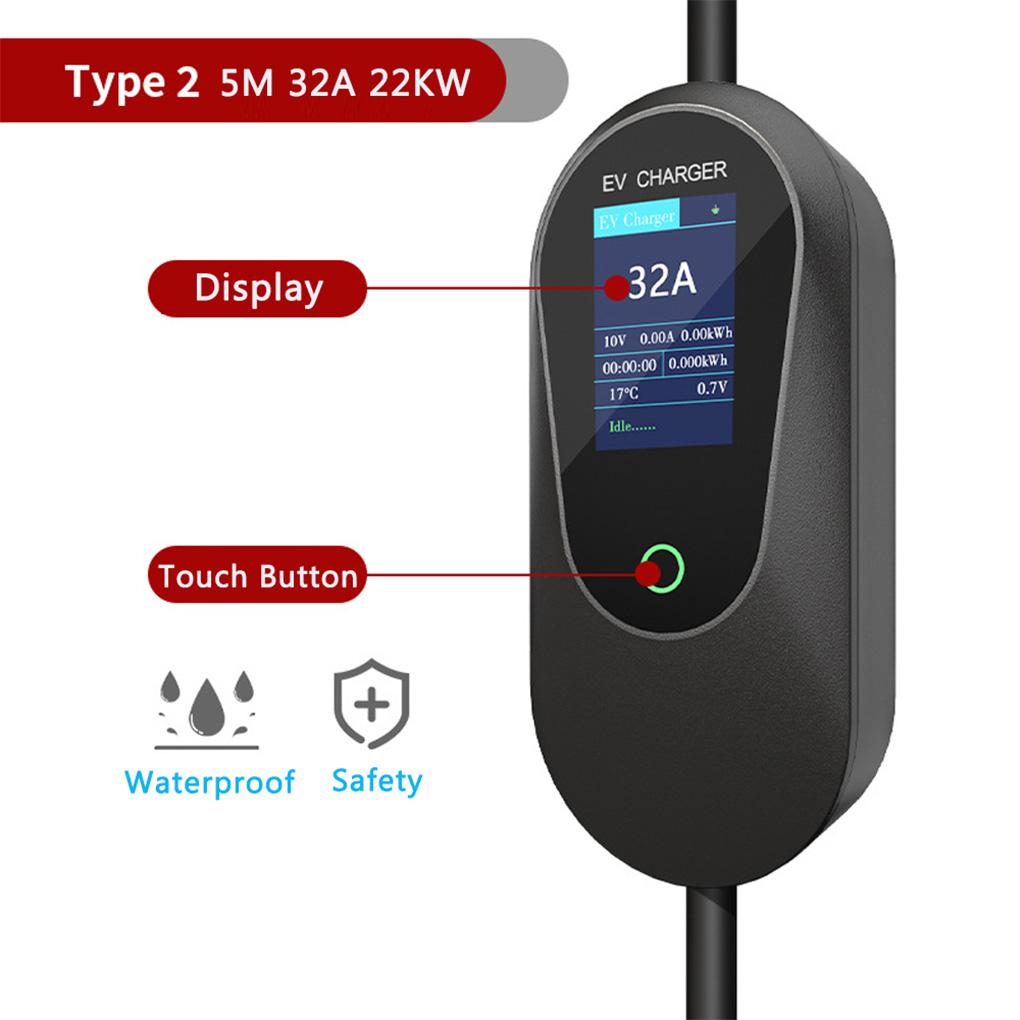 22KW 5M 32A Protable EV Charger European Standard 3Phase With 5PIN Industrial CEE Plug Adapter Cable And Hook Fast Charging