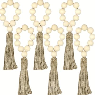 European American Pastoral Napkin Rings 6 Pcs Wood Bead Fringe Hand Woven Twine Napkin Buckle Set