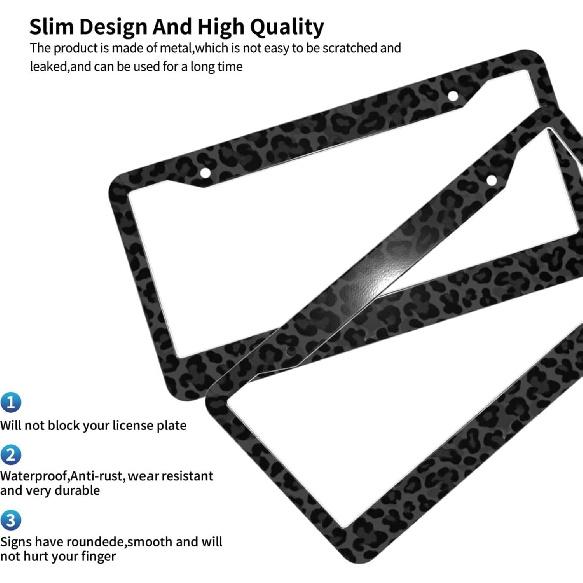 Black Leopard Print License Plate Frame Personalized Cheetah Pattern License Plate Cover Aluminum Metal Novelty Decorative for Front Rear Car Tag