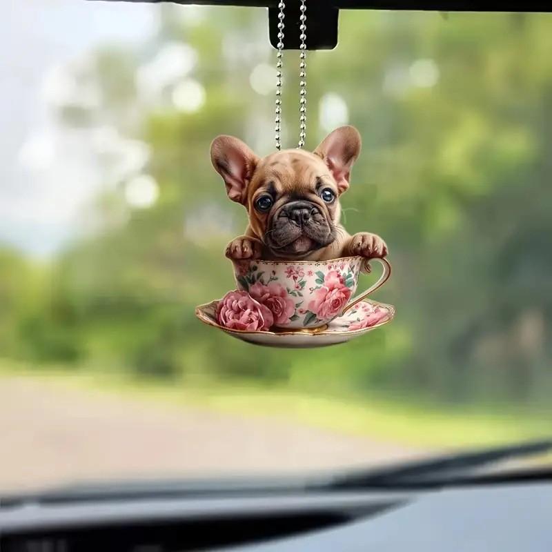Creative Cartoon Acrylic Flat Dog Tea Cup Car Hanging Ornament For Interior Decoration