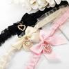Sweet Satin Ribbon Choker Necklace with Pearl Heart Pendant & Sheer Ruffle Trim – Cute Coquette/Kawaii Collar Jewelry for Women