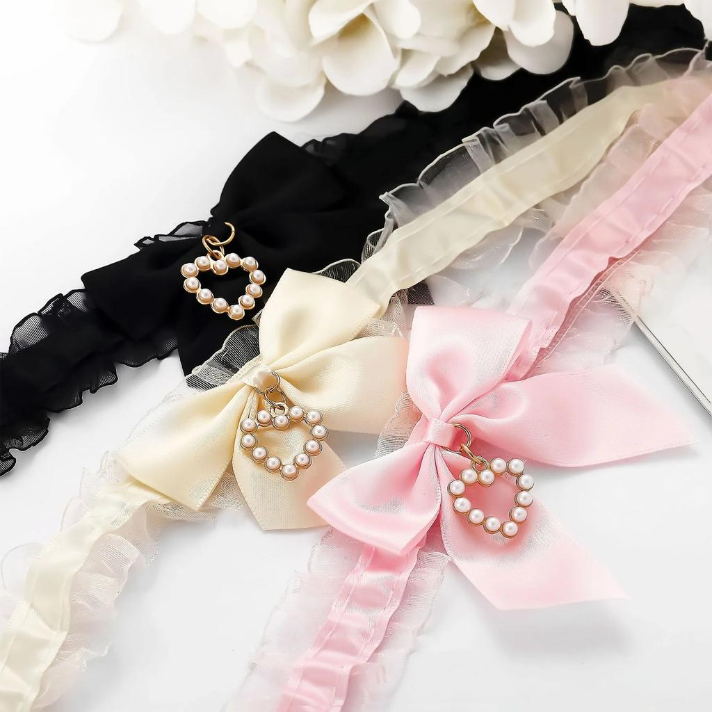 Sweet Satin Ribbon Choker Necklace with Pearl Heart Pendant & Sheer Ruffle Trim – Cute Coquette/Kawaii Collar Jewelry for Women