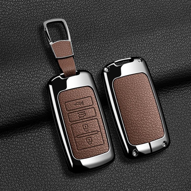 Styling-Zierleisten Zinklegierung Leder Auto-Schlüsselhülle Abdeckung Fob Schutz für Kia 4 Tasten Sorento K900 K7 Cadenza Zubehör Schlüsselanhänger