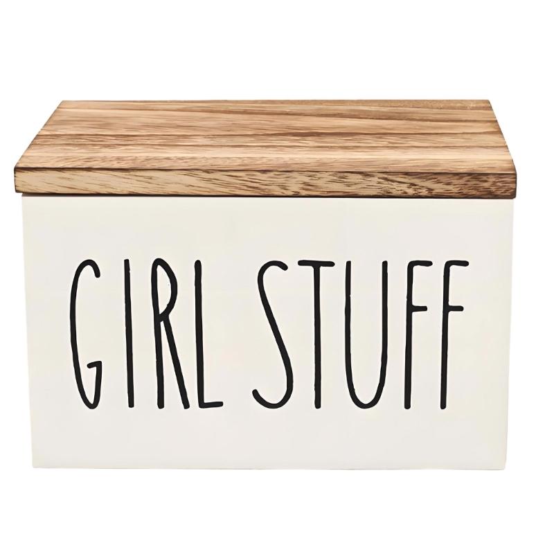 Storage Bin with Lid and Wood-Look Top, Rectangular Covered Storage Case for Tabletop Home Storage and Shelf Order