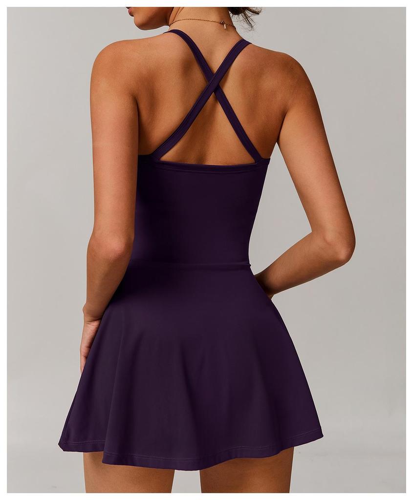 Recycled Anti-Exposure Twisted Design Tennis Dress with Cross Hollow Back and Skirt Hem