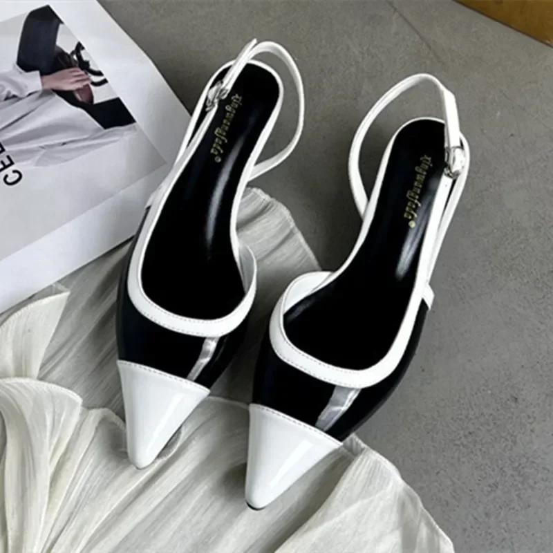 

Black White Mixed Color Low Heeled Sandals Women Sexy Pointed Toe Slingbacks Chunky High Heels for Women Elegant Heels 37 чорний