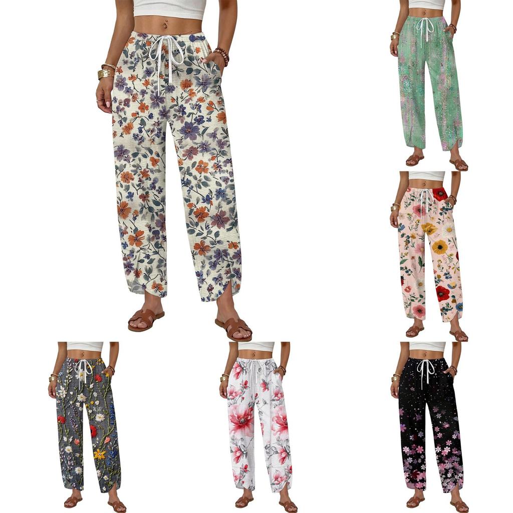 Women's Casual Wide Leg Drawstring Printed Pants with Loose Fit