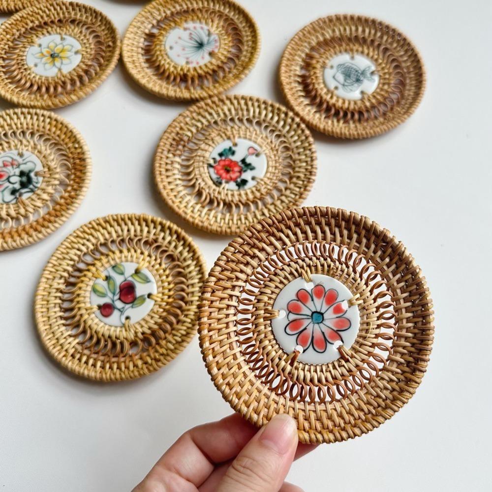 Rattan Weaving Teacup Mat Handmade Drink Cup Mat Vietnamese Rattan Ceramic Coaster  Bar