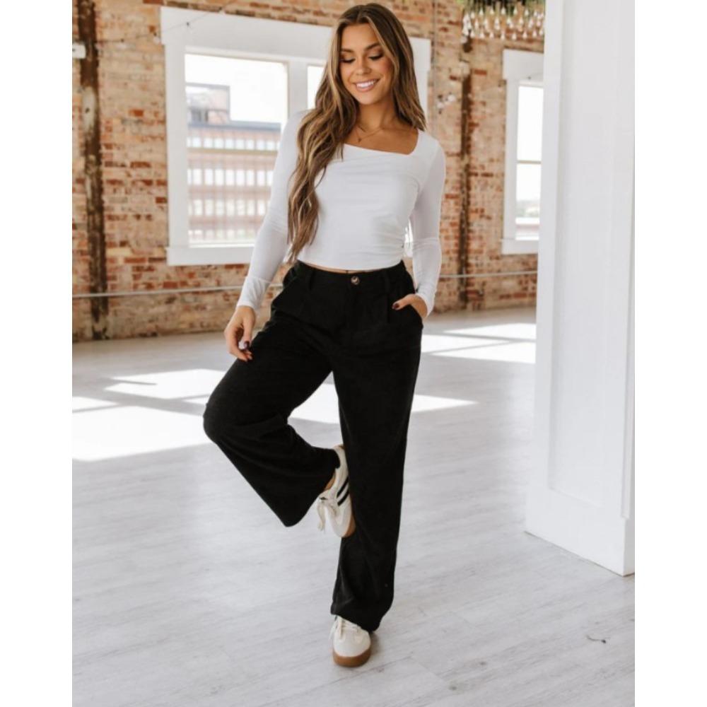 Pantalon casual large pour femme, taille haute, coupe ample, style vintage en velours côtelé