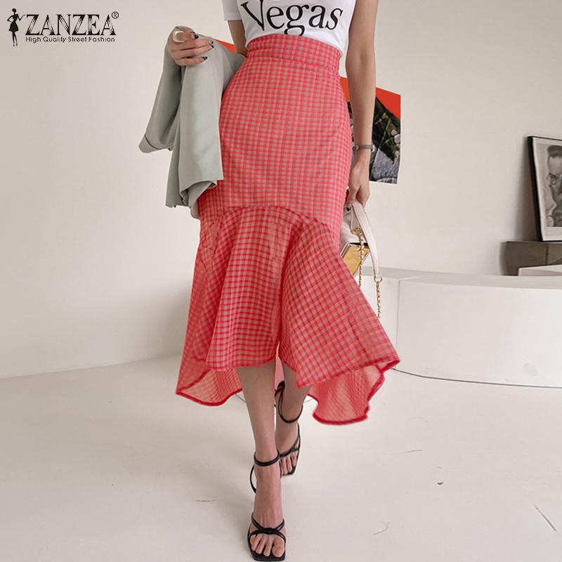 

ZANZEA женские клетчатые повседневные юбки-миди с высокой талией и оборками в клетку «рыбий хвост»