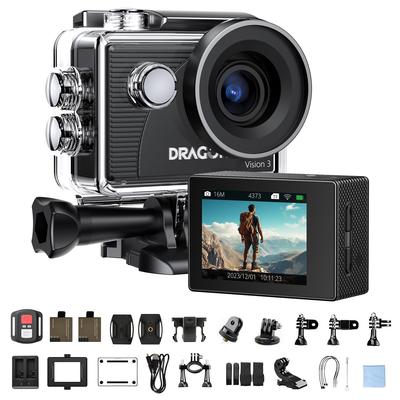 Caméra d'Action Dragon Touch 4K30FPS 20MP Caméra Sous-marine 30m Étanche Objectif Vidéo Action Cam Batteries Stabilisation d'Image Zoom 4x Télécommande