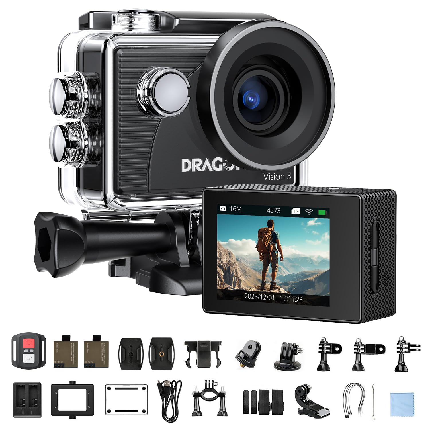 

Dragon Touch Action Camera 4K30FPS 20MP Underwater Camera 30m Waterproof Lens Video Action Cam Batteries Image Stabilization 4x Zoom Remote Control