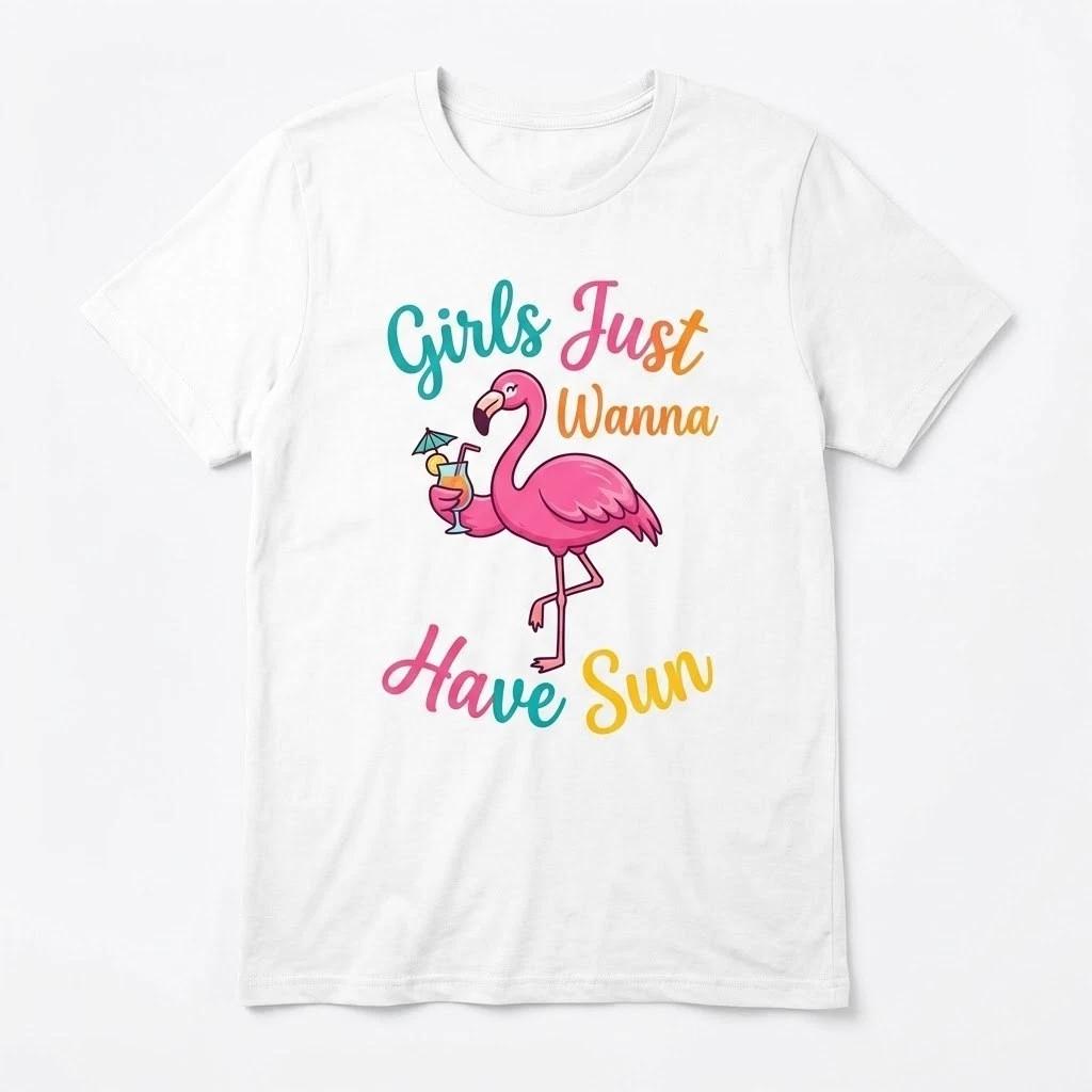 Girls Just Wanna Have Sun T-Shirt - Cute Flamingo Summer Beach Graphic Tee M